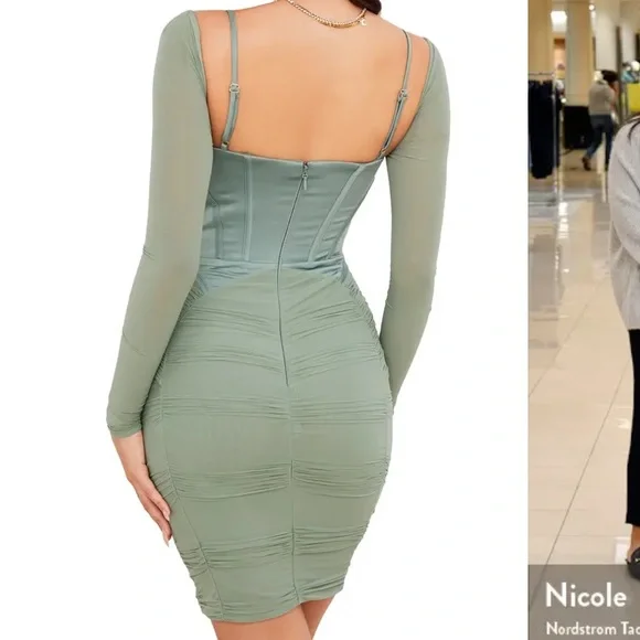 House of CB Freyja Satin Ruched Long Sleeve Body-Con Dress medium m green - Picture 2 of 11